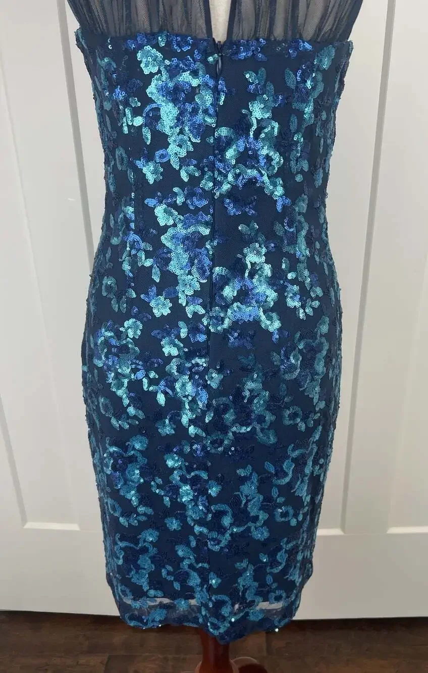 Belle Badgley Mischka Dress 8 Blue Sequin Mesh Sheath Cocktail NWT $219